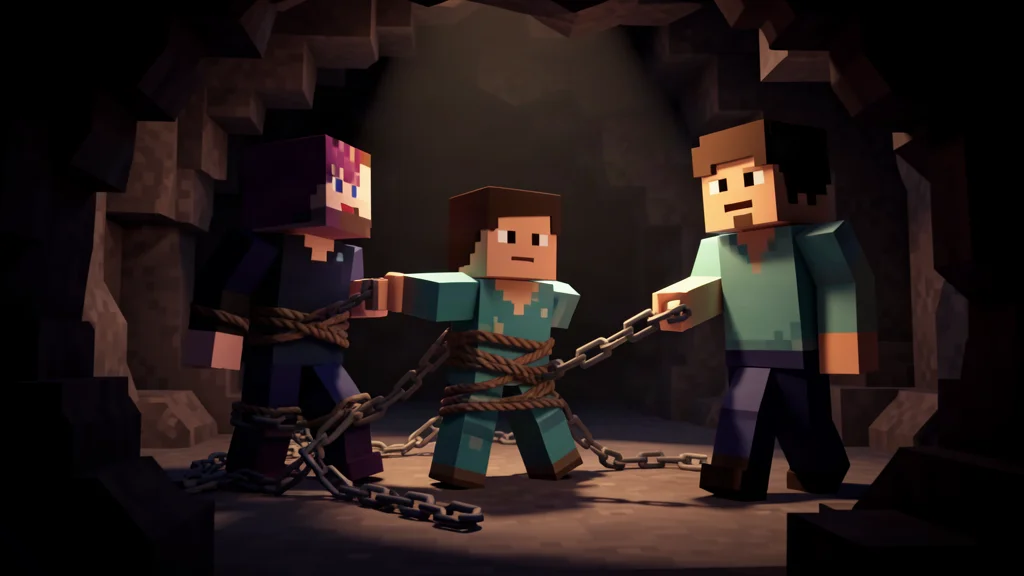 Kidnap Mod featured image showing a player being captured with ropes in a Minecraft cave